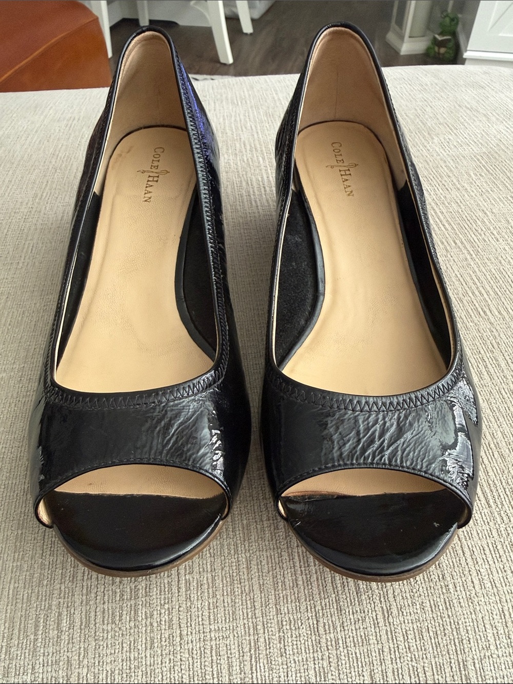 Cole Haan Black Patent Peep-Toe Heels